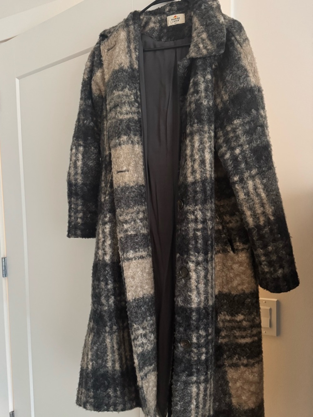 Marine Layer Plaid Long Coat in Black, Gray, and Tan - Picture 7 of 7